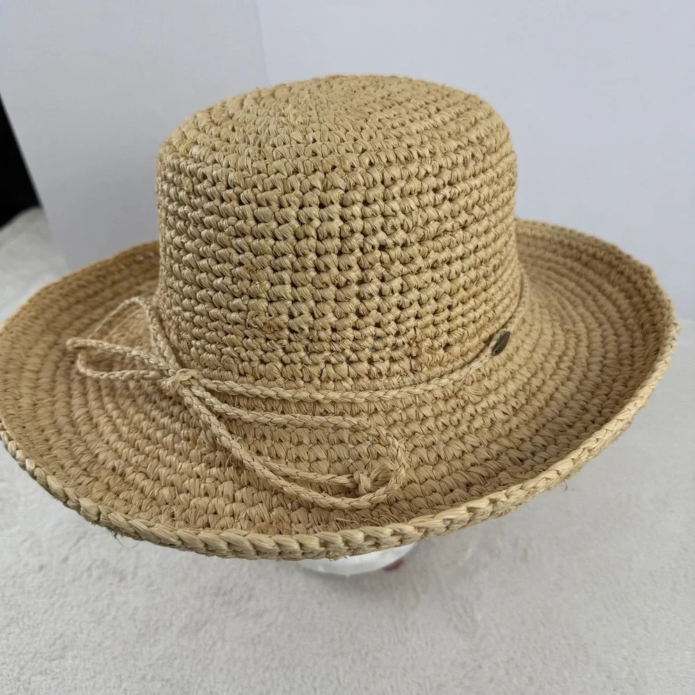 Scala Crocheted Twisted Raffia Straw Boater Hat with Drawstring One Size Natural